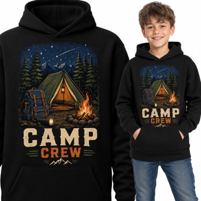 Bluza chłopięca z kapturem „Camp Crew” - namiot i ognisko w nocnym lesie