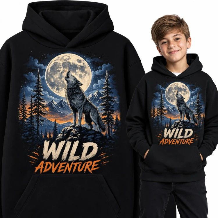 Bluza chłopięca z kapturem - wyjący wilk przy pełni księżyca „Wild adventure”