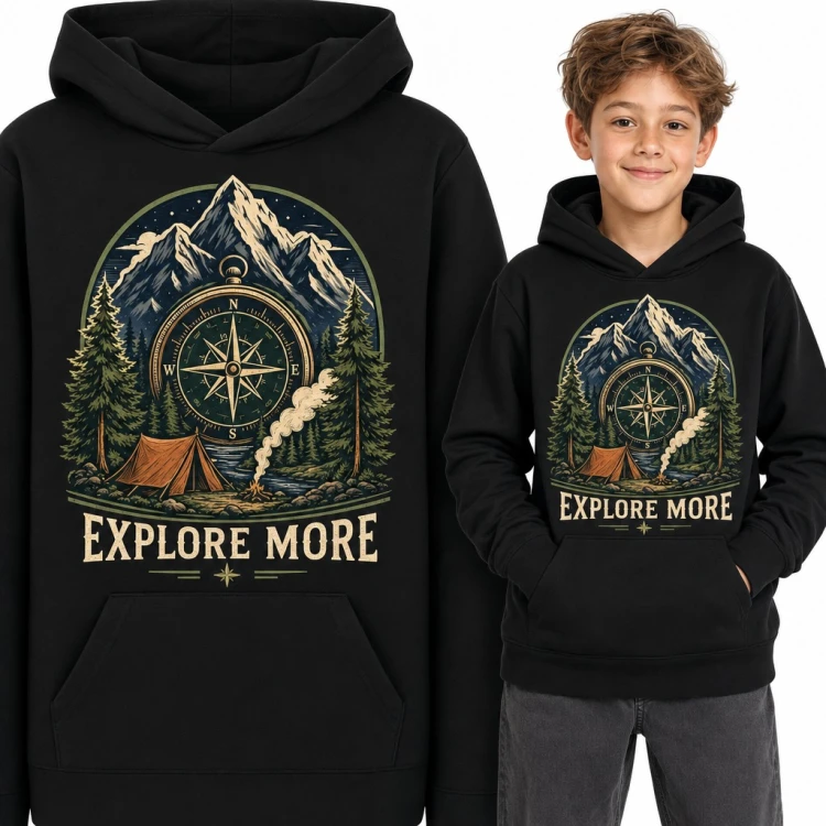 Bluza chłopięca z kapturem - „Explore more” z kompasem, górami i biwakiem w lesie