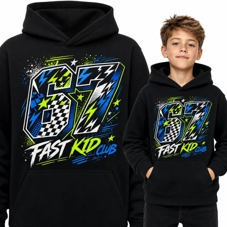 Bluza chłopięca z kapturem „67 Fast Kid Club” - mem Six Seven w stylu wyścigowym