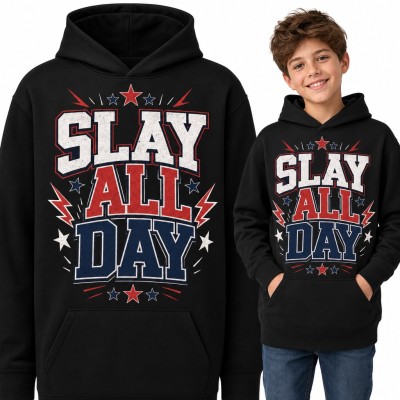 Bluza chłopięca z kapturem - „Slay all day” w stylu college z gwiazdkami i błyskawicami