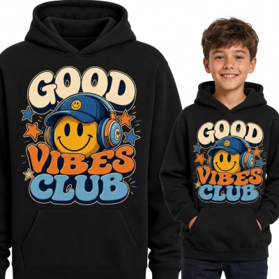 Bluza chłopięca z kapturem - „Good Vibes Club” ze smiley w słuchawkach