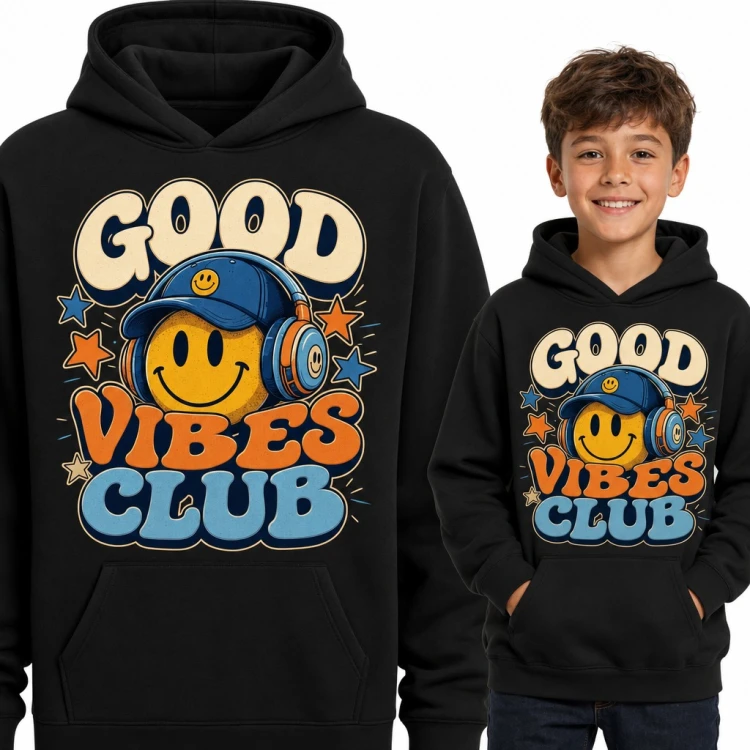 Bluza chłopięca z kapturem - „Good Vibes Club” ze smiley w słuchawkach