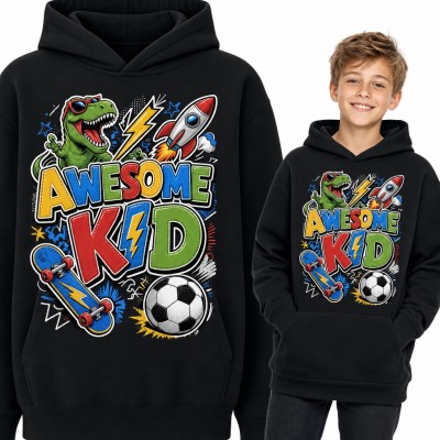 Bluza chłopięca z kapturem - „Awesome Kid” z T-rexem, deskorolką i piłką
