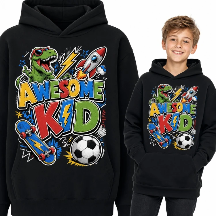 Bluza chłopięca z kapturem - „Awesome Kid” z T-rexem, deskorolką i piłką