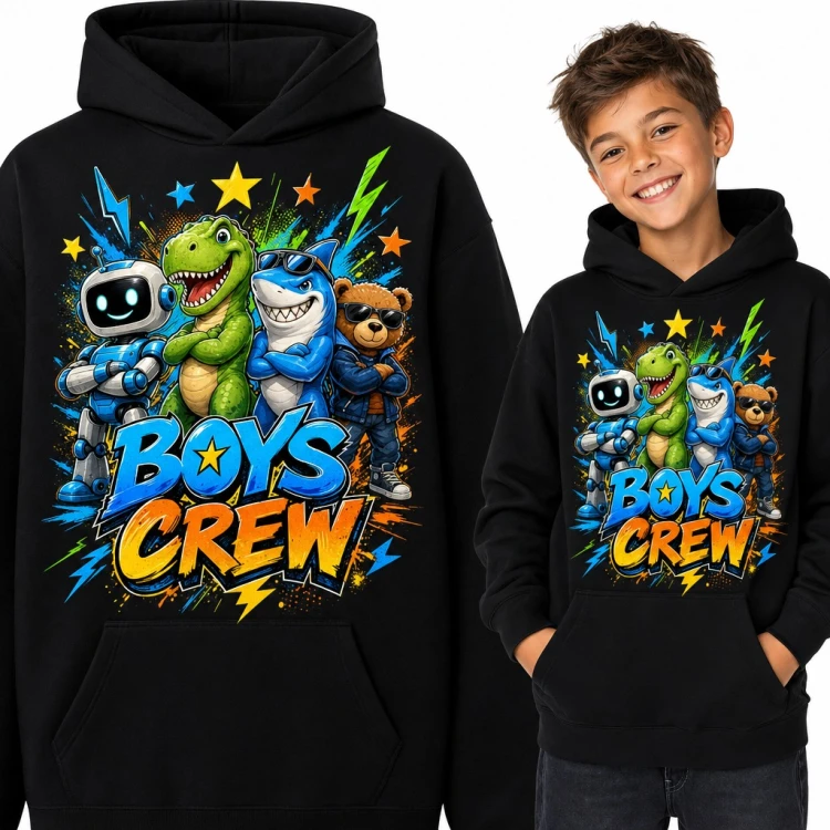 Bluza chłopięca z kapturem „Boys Crew” - dinozaur, rekin, robot i miś
