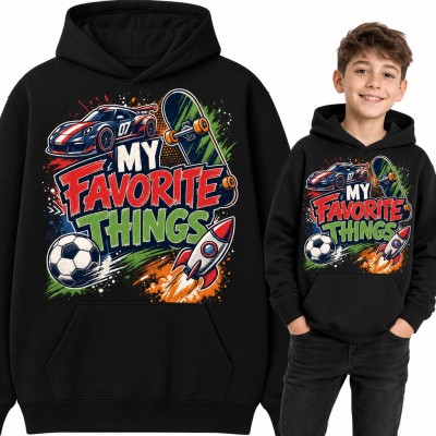 Bluza chłopięca z kapturem „My favorite things” - auto wyścigowe, deskorolka, piłka i rakieta