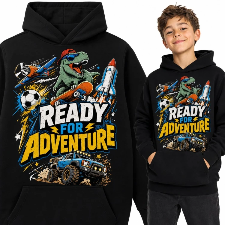 Bluza chłopięca z kapturem - dinozaur na deskorolce „Ready for Adventure”