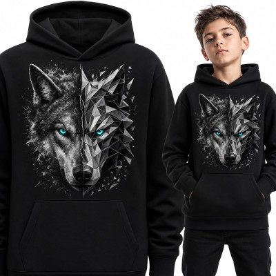 Bluza chłopięca z kapturem - wilk pół realistyczny, pół geometryczny low poly