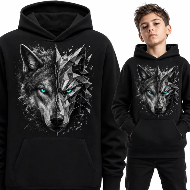 Bluza chłopięca z kapturem - wilk pół realistyczny, pół geometryczny low poly