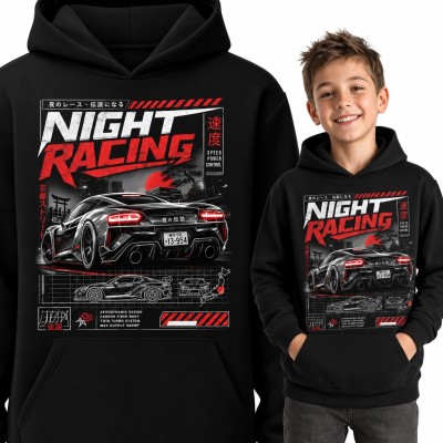 Bluza chłopięca z kapturem - „Night Racing” sportowe auto JDM i japońskie znaki
