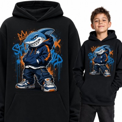 Bluza chłopięca z kapturem - rekin w stylu streetwear na tle graffiti