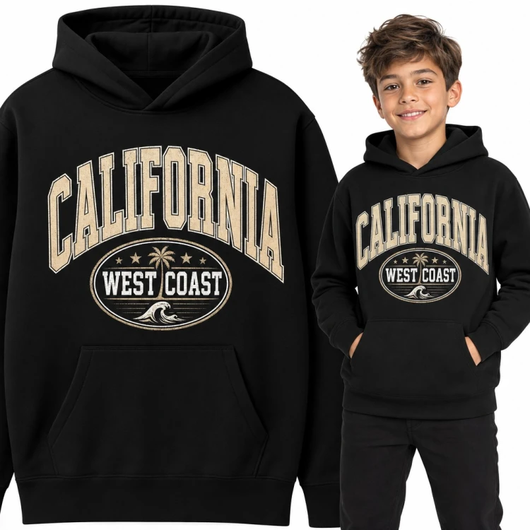 Bluza chłopięca z kapturem - „California West Coast” z palmą i falą w stylu college