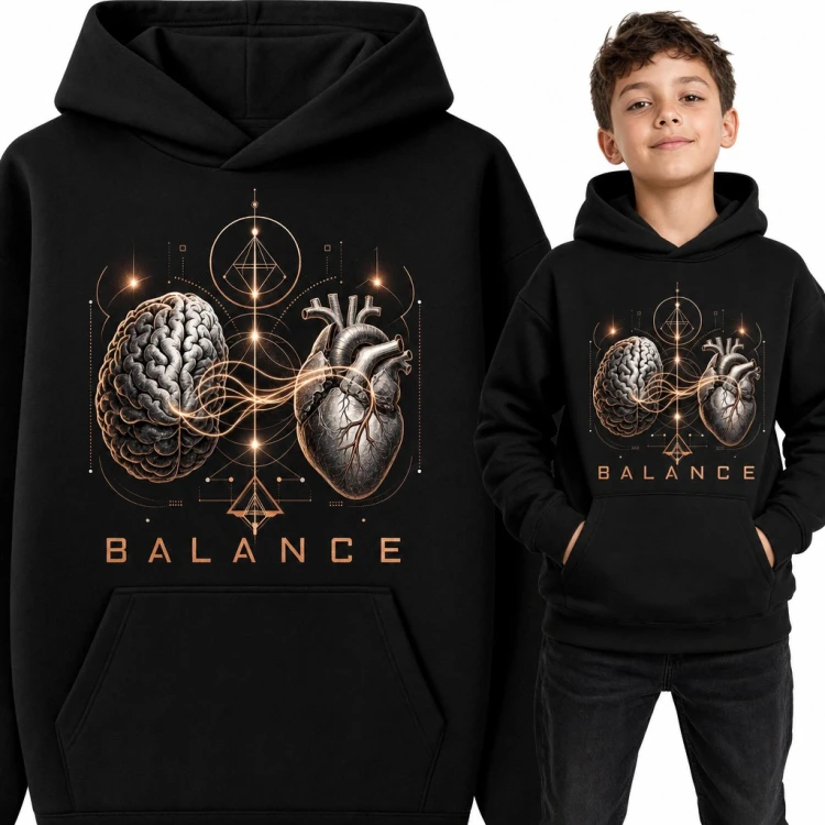Bluza chłopięca z kapturem - mózg i serce „Balance” w geometrycznym stylu