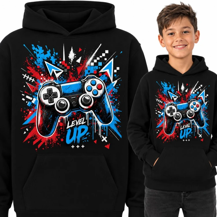 Bluza chłopięca z kapturem - pad do gier w graffiti i „Level up” dla gracza