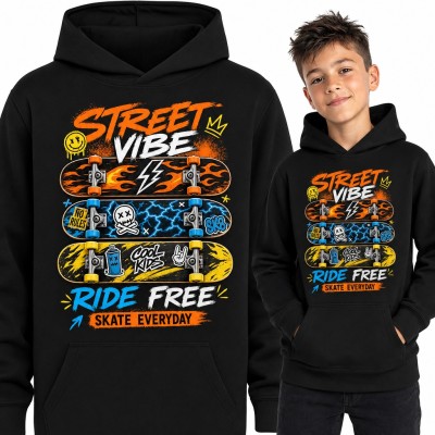 Bluza chłopięca z kapturem - trzy deskorolki graffiti „Street Vibe” dla skatera