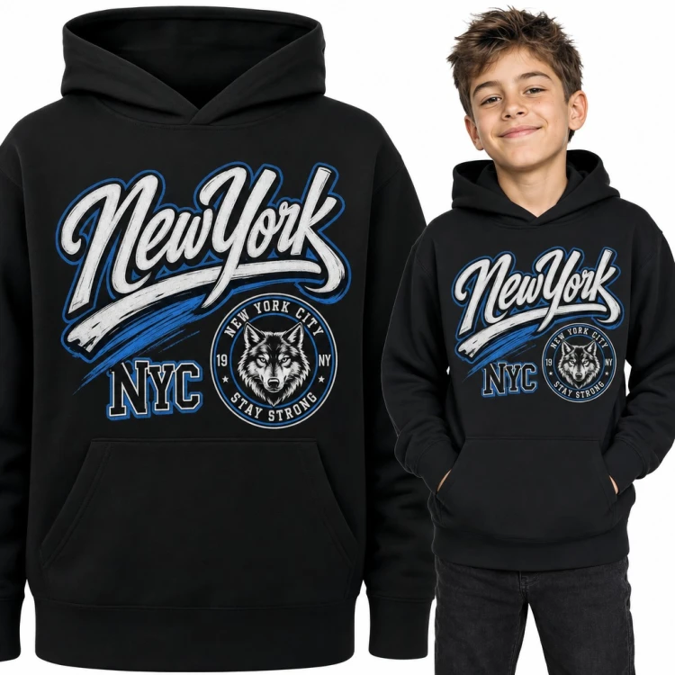 Bluza chłopięca z kapturem „New York” - emblemat z wilkiem i napis NYC