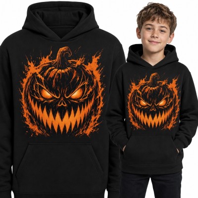 Bluza chłopięca z kapturem - straszna dynia Halloween z płonącymi oczami