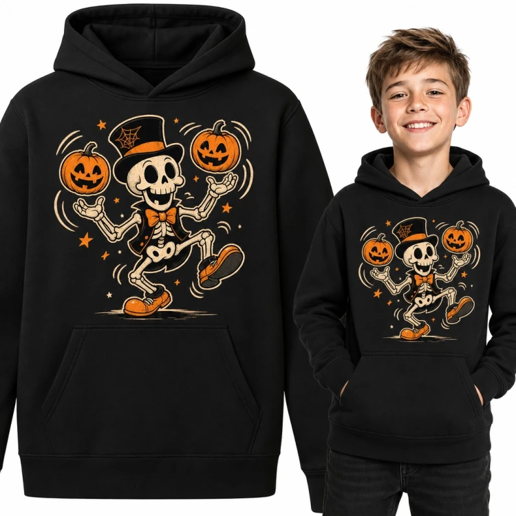 Bluza chłopięca z kapturem - tańczący szkielet w cylindrze z dyniami na Halloween