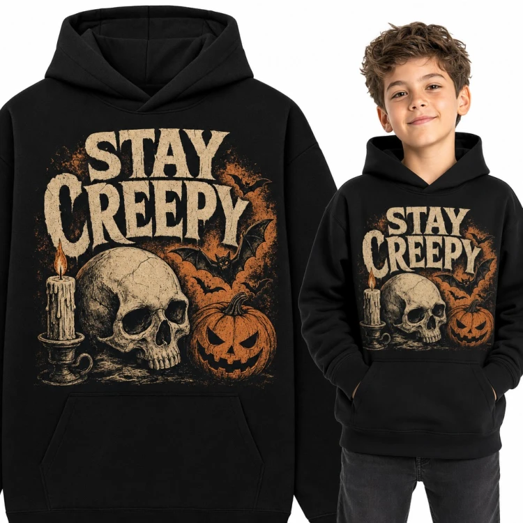 Bluza chłopięca z kapturem „Stay creepy” - czaszka i dynia na Halloween