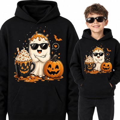 Bluza chłopięca z kapturem - wyluzowany duszek w okularach z dynią na Halloween