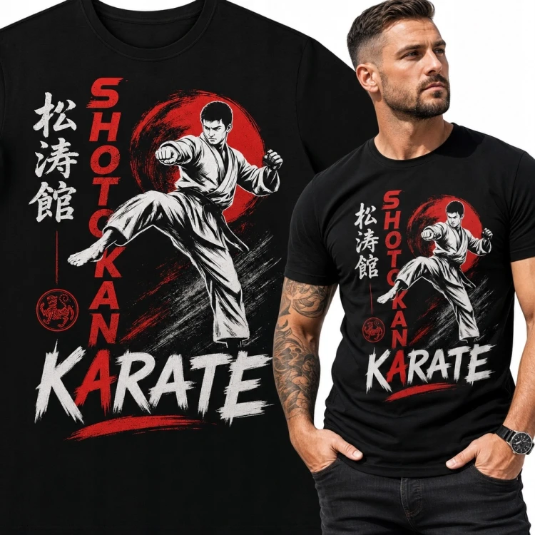 Czarna koszulka męska Shotokan z karateką - „Karate”