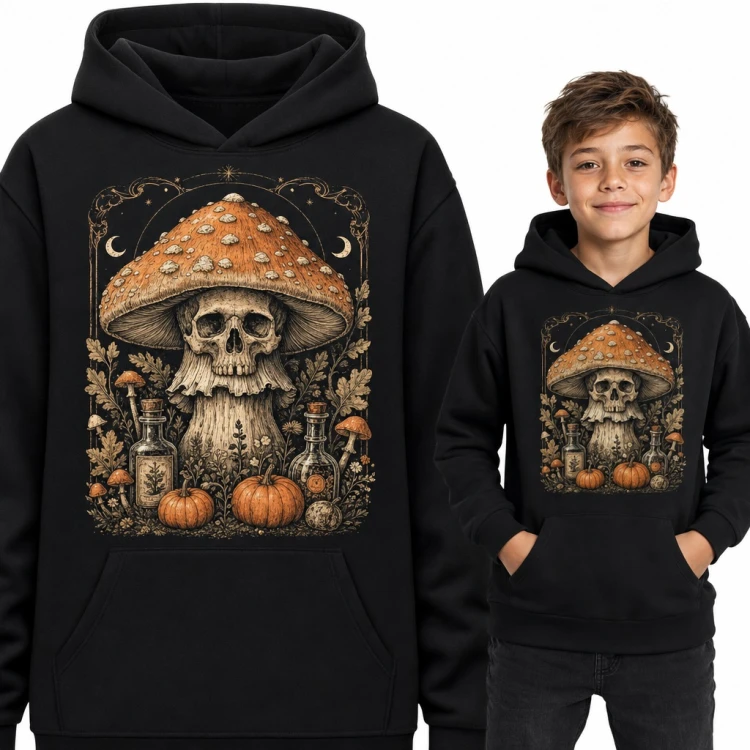 Bluza chłopięca z kapturem - grzyb z czaszką, dynie i eliksiry na Halloween