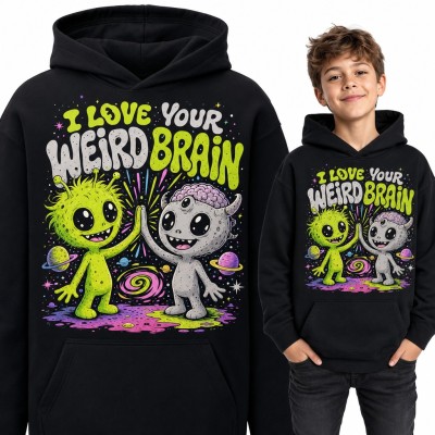 Bluza chłopięca z kapturem - kosmici przybijający piątkę „I love your weird brain”