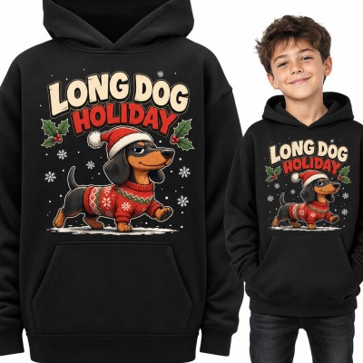 Bluza chłopięca z kapturem - jamnik w czapce Mikołaja „Long Dog Holiday”