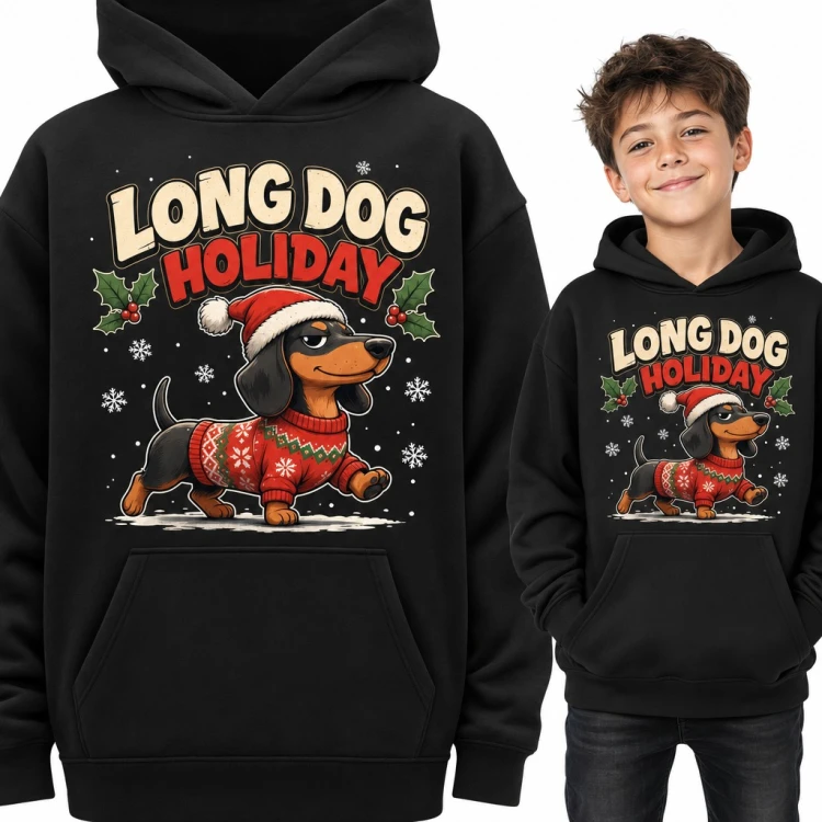 Bluza chłopięca z kapturem - jamnik w czapce Mikołaja „Long Dog Holiday”