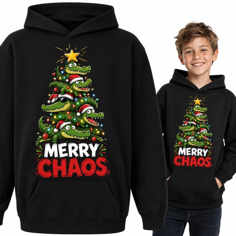 Bluza chłopięca z kapturem „Merry Chaos” - choinka z krokodyli w czapkach Mikołaja
