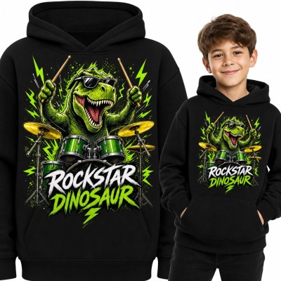 Bluza chłopięca z kapturem „Rockstar Dinosaur” - T-rex perkusista w okularach