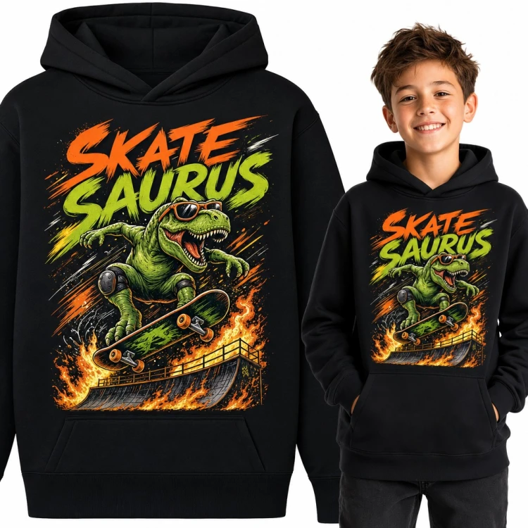 Bluza chłopięca z kapturem - „Skate Saurus” dinozaur T-rex na deskorolce