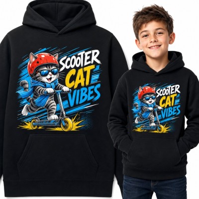 Bluza chłopięca z kapturem - kot na hulajnodze „Scooter cat vibes”