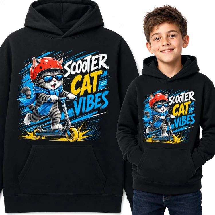 Bluza chłopięca z kapturem - kot na hulajnodze „Scooter cat vibes”