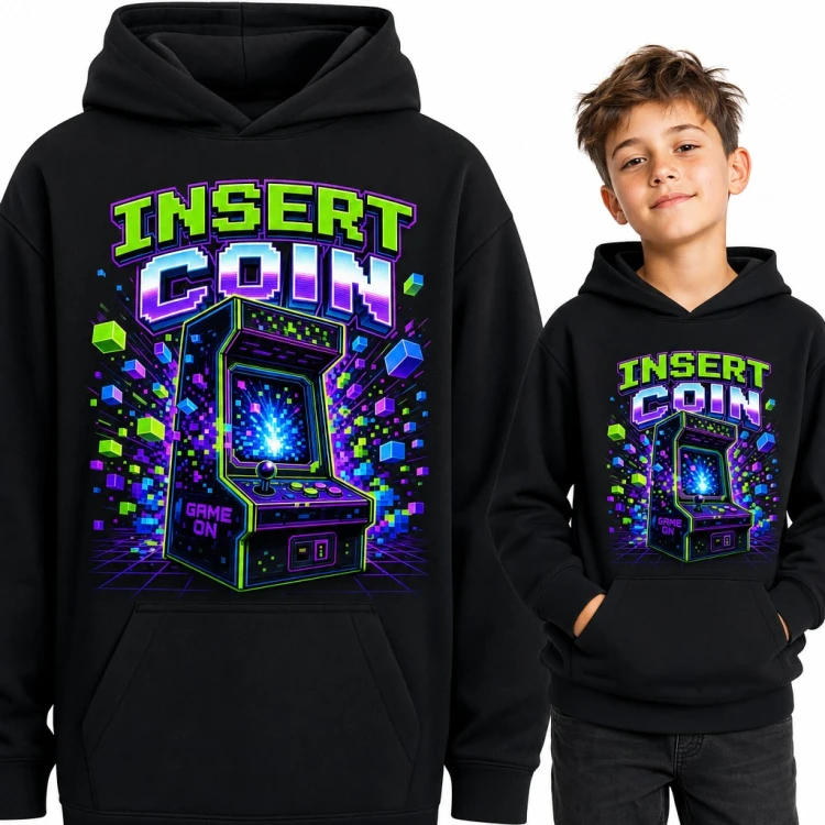 Bluza chłopięca z kapturem - „Insert coin” z retro automatem arcade dla gracza
