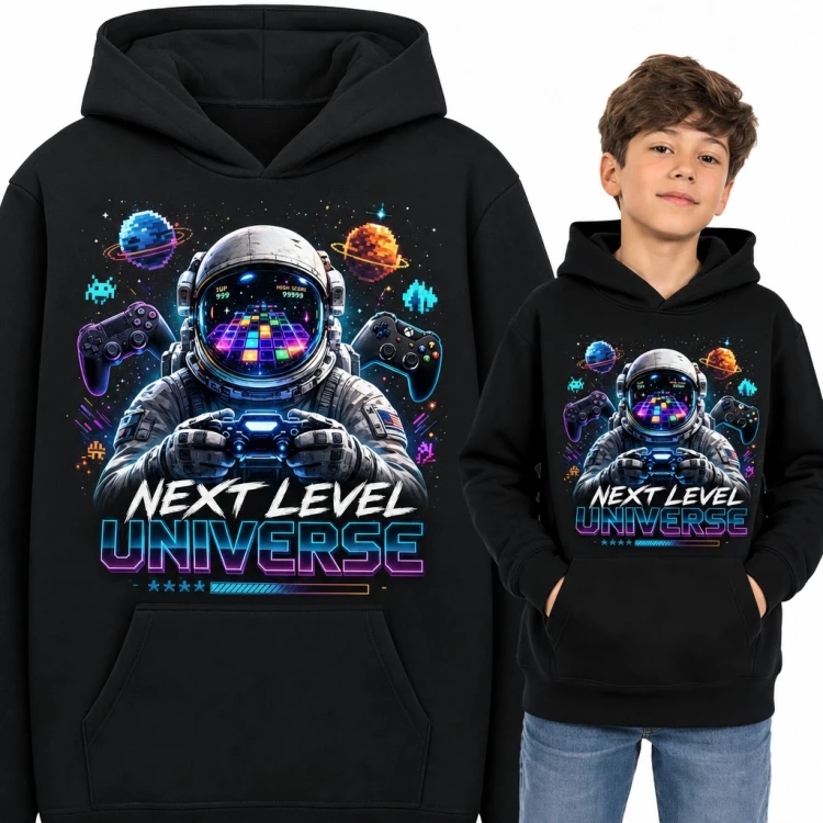 Bluza chłopięca z kapturem - „Next Level Universe” astronauta gamer z padem