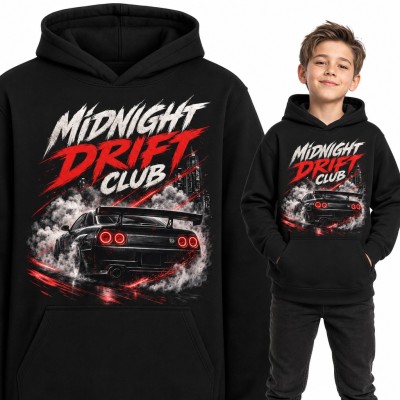 Bluza chłopięca z kapturem - „Midnight Drift Club” auto JDM w dymie z opon
