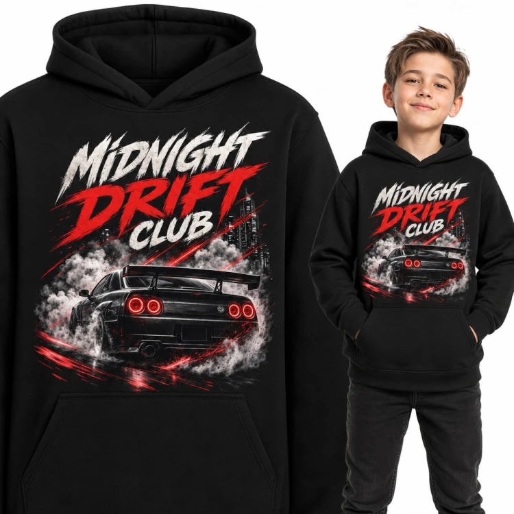 Bluza chłopięca z kapturem - „Midnight Drift Club” auto JDM w dymie z opon