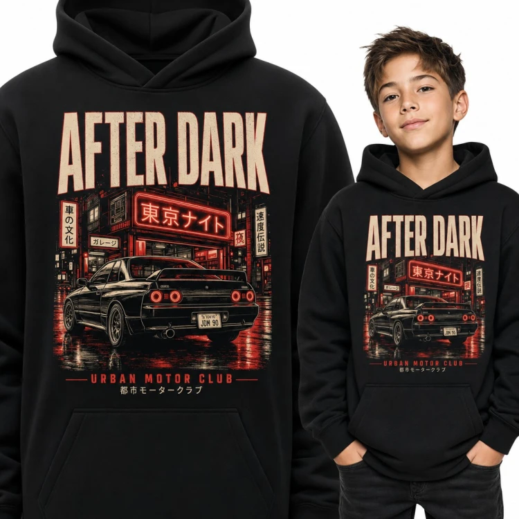 Bluza chłopięca z kapturem - „After Dark” z autem JDM w neonach Tokio