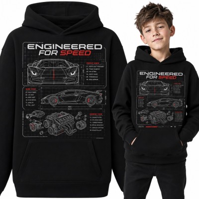 Bluza chłopięca z kapturem - „Engineered for speed” rysunek techniczny supersamochodu