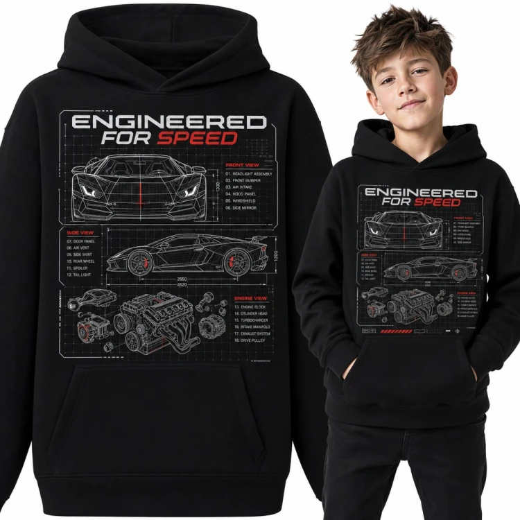 Bluza chłopięca z kapturem - „Engineered for speed” rysunek techniczny supersamochodu