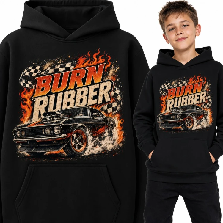 Bluza chłopięca z kapturem - muscle car w płomieniach „Burn Rubber” dla fana wyścigów