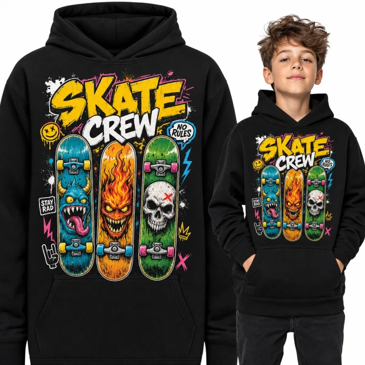 Bluza chłopięca z kapturem - „Skate Crew” z trzema deskorolkami w stylu graffiti
