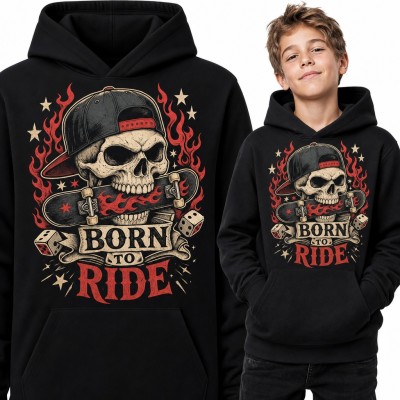 Bluza chłopięca z kapturem - czaszka z deskorolką „Born to ride” dla skatera
