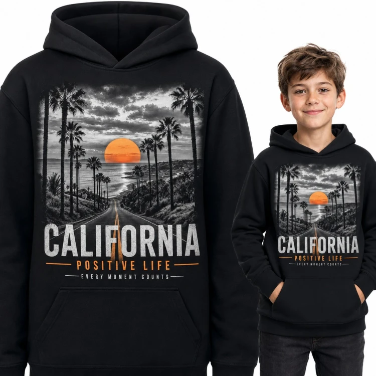 Bluza chłopięca z kapturem „California positive life” - palmy i zachód słońca nad oceanem