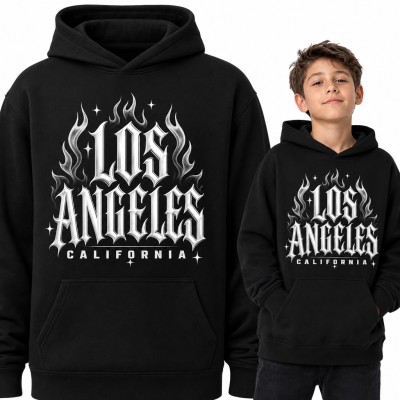 Bluza chłopięca z kapturem - „Los Angeles California” gotyckie litery w płomieniach