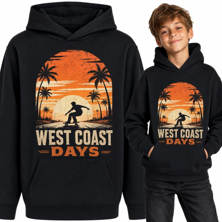 Bluza chłopięca z kapturem „West Coast Days” - skater na tle palm i zachodu słońca