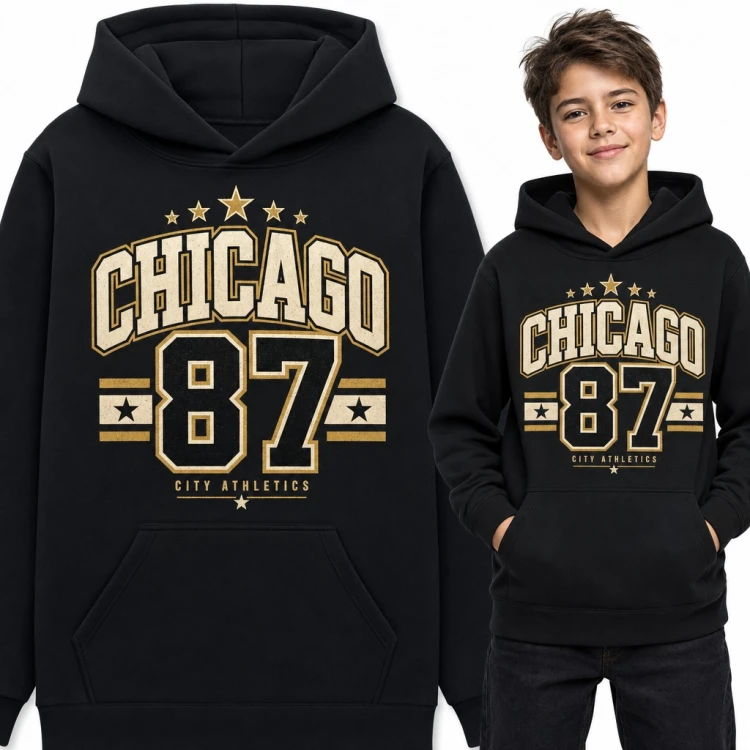 Bluza chłopięca z kapturem - „Chicago 87” w stylu college z gwiazdami