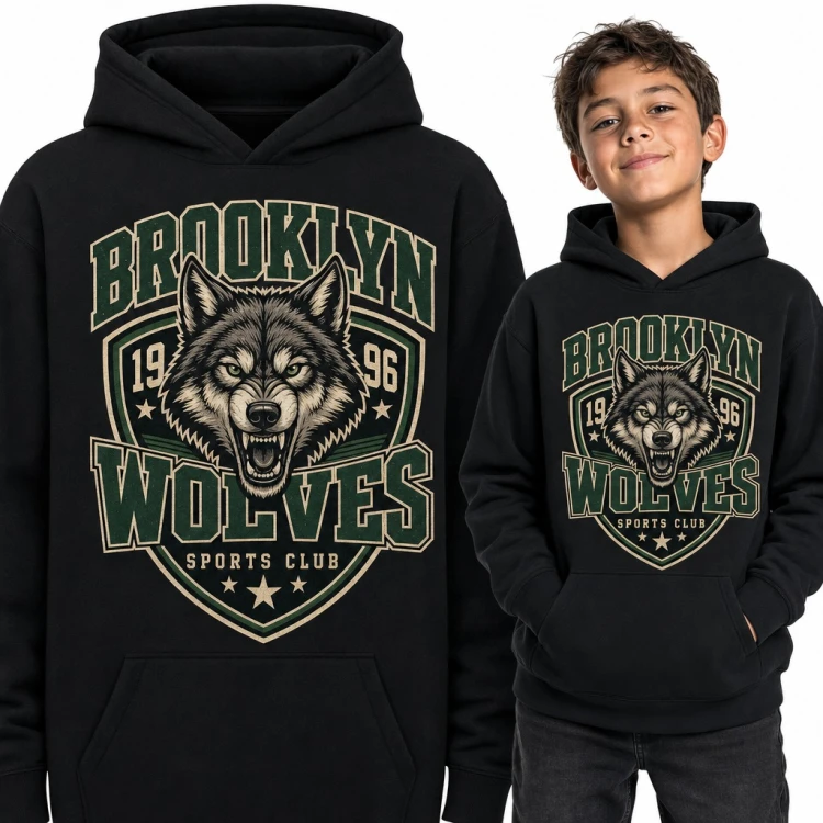 Bluza chłopięca z kapturem - wilk w sportowym herbie „Brooklyn Wolves”